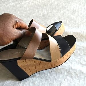 Franco Sarto Black and Tan Wedge Sandals with Cork Heel Summer Shoes